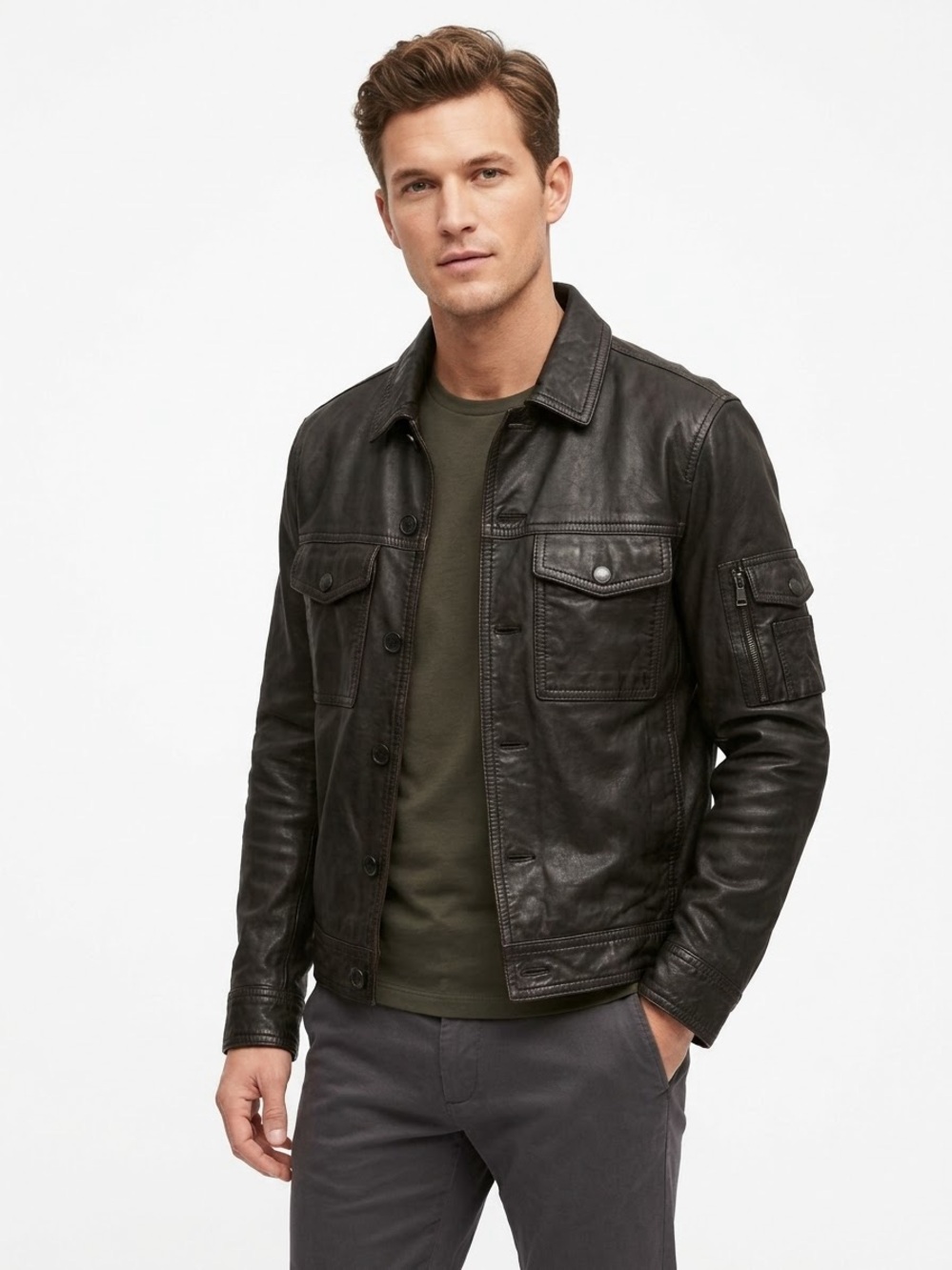 Banana Republic Black/Brown Lambs Leather Jacket Field Utility Trucker, Mens S